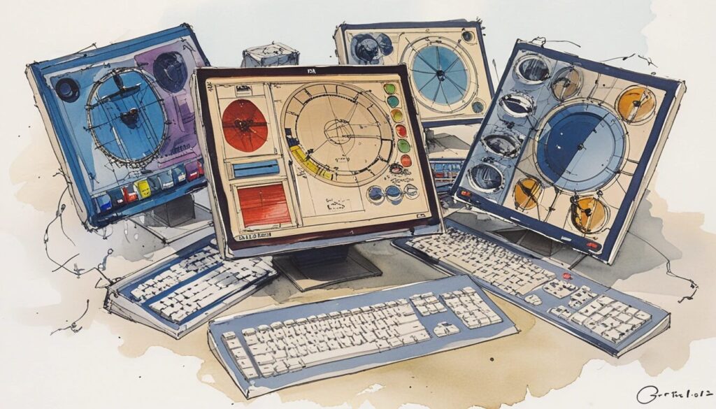 illusration of multiple computers showing different graphical user interfaces.