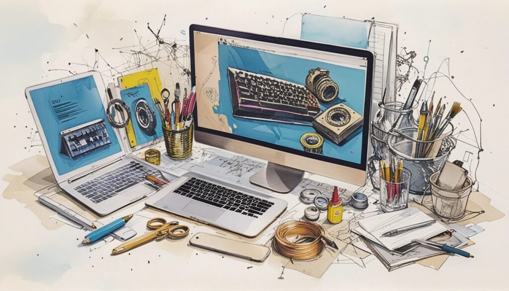 isometric illustration of a desktop with an iMac and markers and pens on it to show the idea of web design.