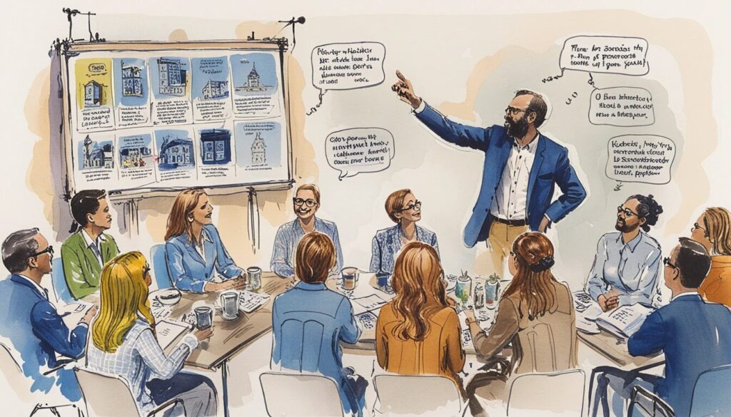 illustration of a man giving a presentation to a group of people showing the idea of how attention grabbing storytelling is.