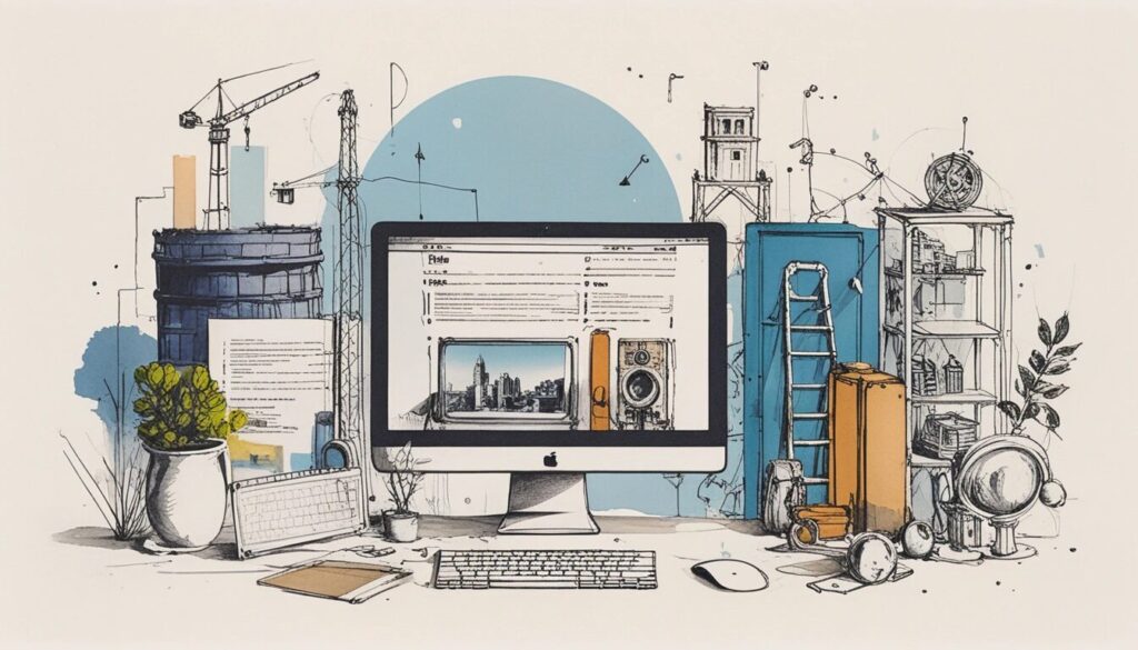 drawing of an iMac on a desktop with building cranes in the background to show the idea of web development.