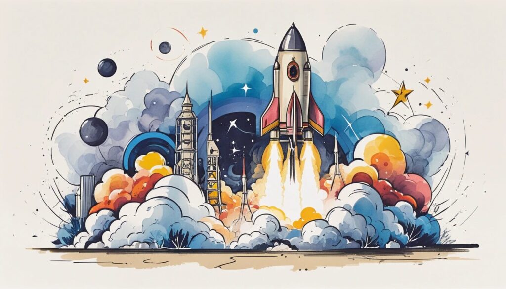 illustration of a rocket taking off, illustrating the idea of rapid startup growth.