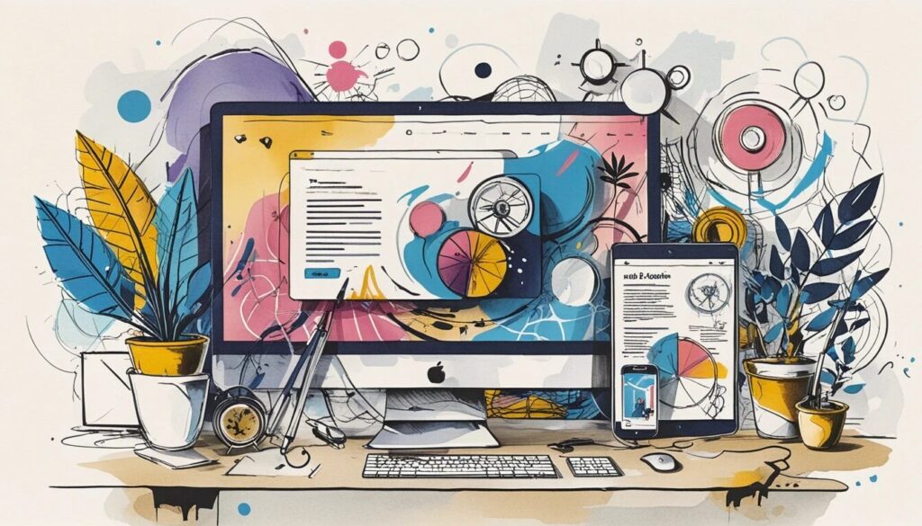 illustration of a desk with an iMac and iPad showing the same web design on both.