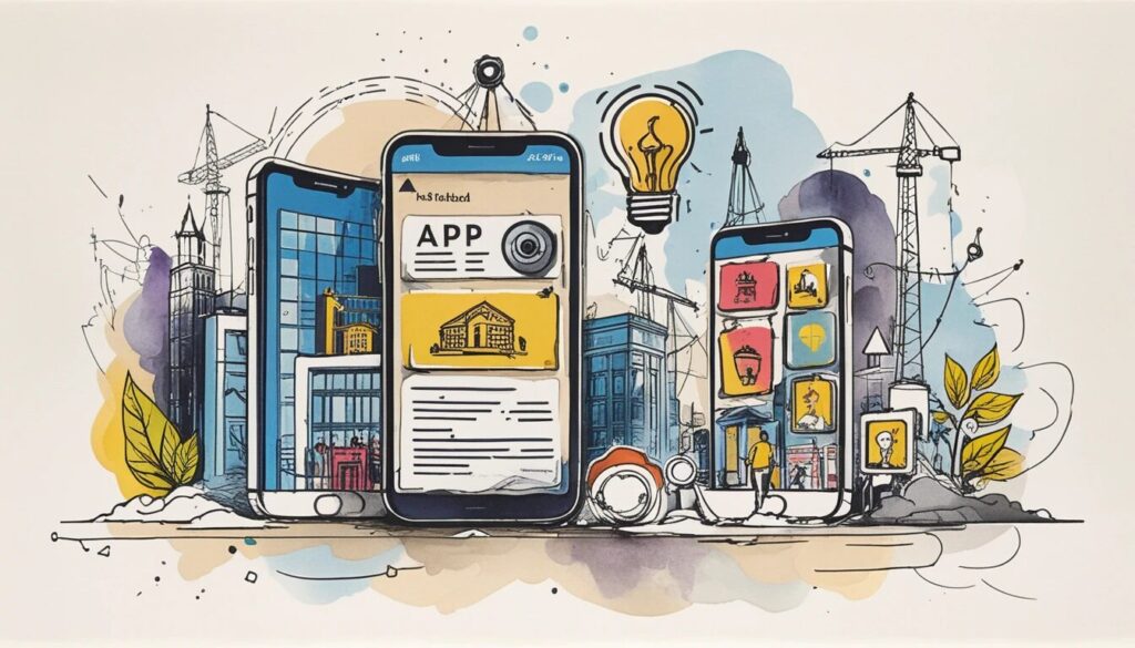 illustration of a smartphone with an app on the screen showing the idea of app development.