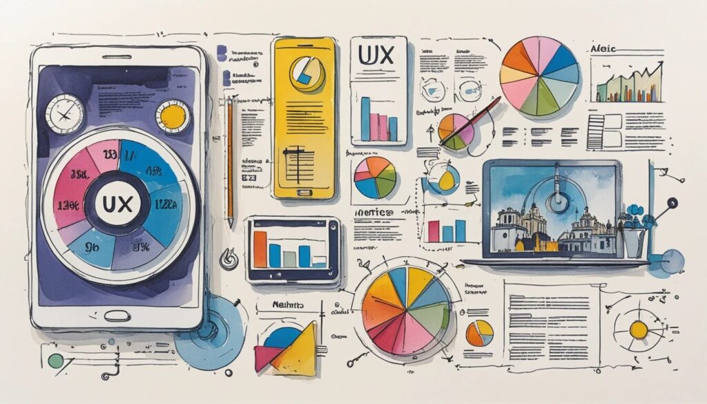 drawing of charts and graphs illustrating the idea of UX metrics.