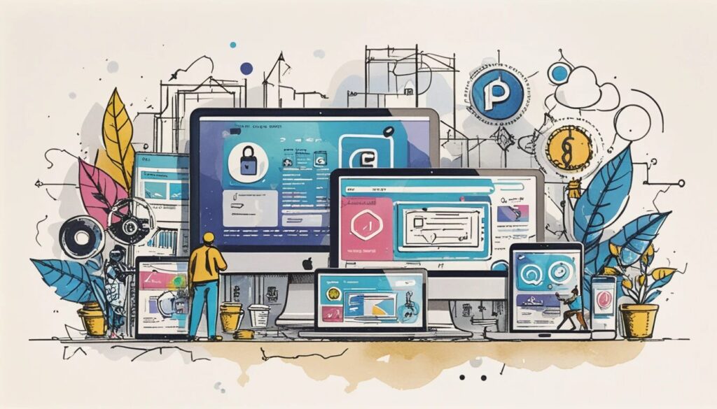 illustration of a man looking at multiple computer screens showing the idea of web development.