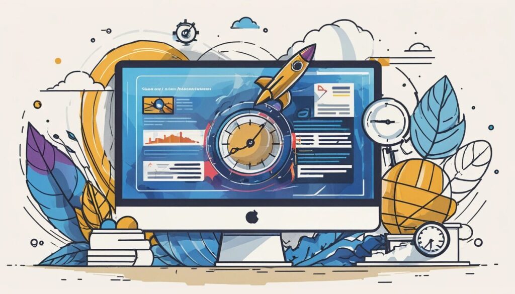 illustration of a monitor with a speed test on the screen and a rocket taking off showing website speed.