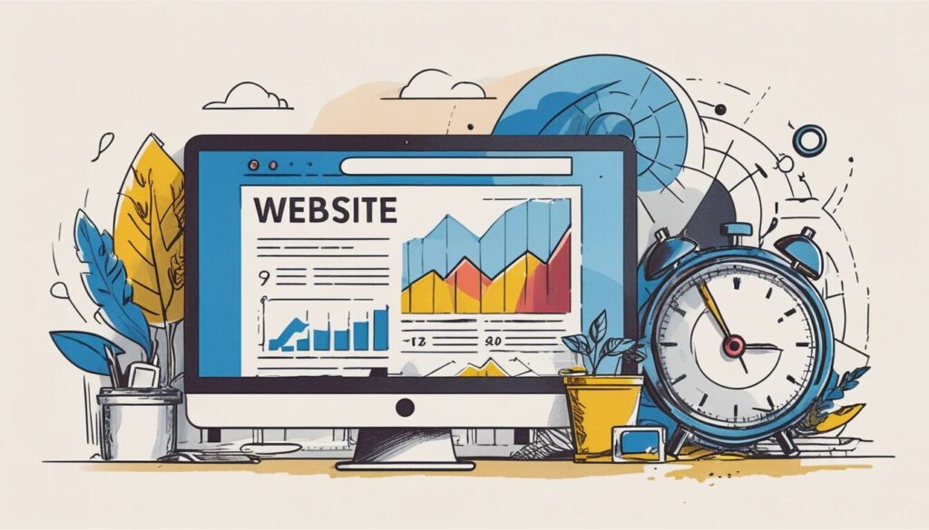 image of a monitor on a desktop showing a line graph going up and a stopwatch next to it to illustrate the idea of website optimization and speed.