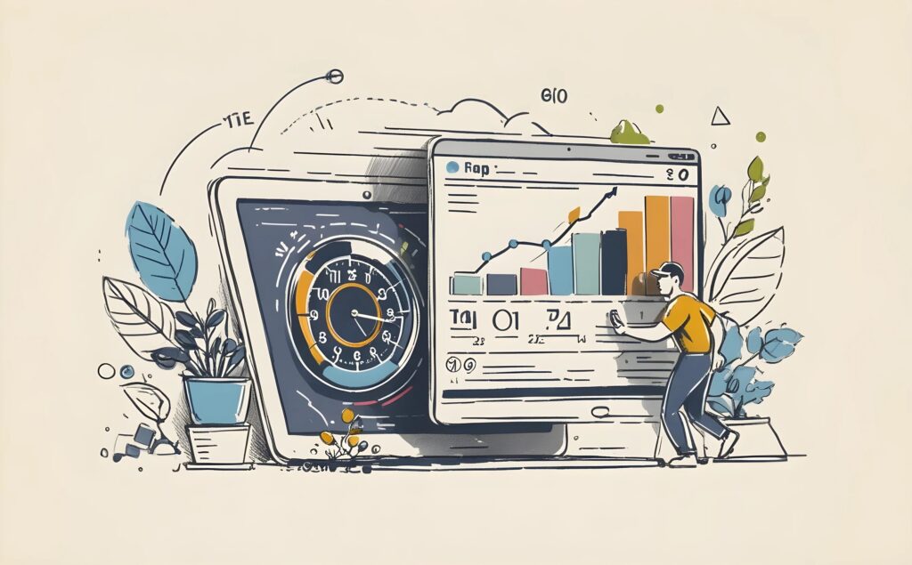 image of a computer screen with a browser window open showing a bar and line chart going up to show the idea of SEO performance optimization.